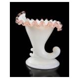Fenton Rose Crest Milk Glass Cornucopia Vase