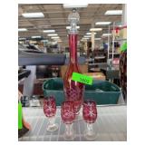 Ruby Cut to Clear Glass Decanter and 4 Glass