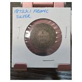 1872 K France 1 Franc Silver Coin