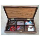 Wooden Jewelry Box With Compartments & Misc