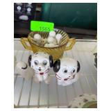 Dog Ceramic Figurines and Amber Glass Bowl