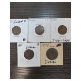 Five Indian Head Penny Coins 1880-1914