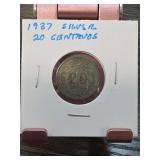 1937 Mexico Silver 20 Centavos Coin