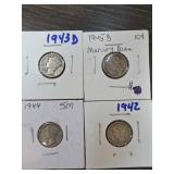 4 Mercury Dimes 1942-1945
