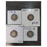Four Barber Dime Coins 1903-1916
