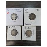 4 US Barber Dimes 1901-O, 1907, 1910,