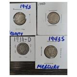 Four U.S. Silver Dimes: 1911-D, 1943, 1943-S,
