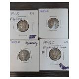 4 Mercury Dimes, 1943-1945