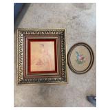 Framed Drawing and Bird Needlepoint Art