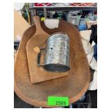 Wooden Dough Bowl, Sifter, and Cutting Board