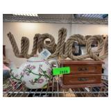 Decorative Lot: Teapot, Rope Sign, Wood Box