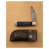 Damascus Steel Folding Knife with Leather She