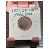 1853 Three-Cent Silver Small Star Coin