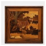 Marquetry Wood Art Panel With Tiger Scene