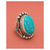 Silver Tone Faux Turquoise Coral Ring Size 10.
