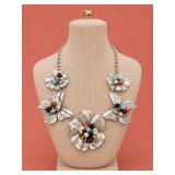 Silver Floral Necklace and Earring Set