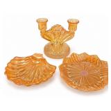 Marigold Carnival Glass Bowl and Candleholder