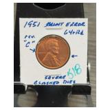 1951 Lincoln Cent Mint Error Severe Clash