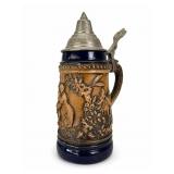 German Stoneware Beer Stein With Pewter Lid