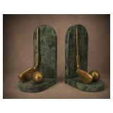 Green Marble Bookends With Brass Golf Clubs