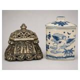 Silver Tone Ornate Box and Blue Ceramic Jar