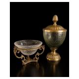 Green Crackle Glass Covered Jar with Brass Bowl