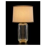 Glass Table Lamp With Brass Base and Beige Shade