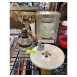 Lot: Trophy, Oil Lamp, Statue, Warmer