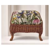 Wicker Footstool with Floral Needlepoint Top