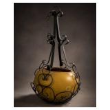 Yellow Ceramic Hanging Planter with Iron Cage
