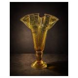 Amber Crackle Glass Trumpet Vase, 12 Inch
