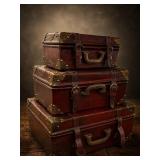 Three Brown Leather Suitcase Boxes