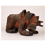 Carved Wooden Bear With Fish Sculpture