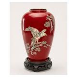 Vintage Korean Red Lacquer Vase with Inlay
