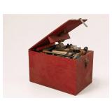 Red Wood Box With Mixed Vintage Tools
