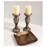 Ornate Metal Candle Holders With Candles & Tray