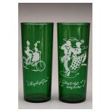 Pair of Green Decorated Glass Tumblers