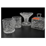 Lot of Four Clear Patterned Glass Vessels and Dish
