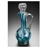One Teal-Blue Glass Decanter w/ Clear & Handle