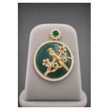 Jade Bird-and-Floral Pendant, Gold-Tone Setting