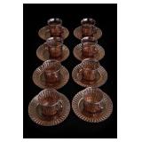 Set of Eight Amethyst Ribbed Glass Cups w Saucers