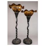 Pair of Brown Sculptural Pedestal Candleholders