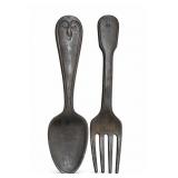 Pair of Oversized Carved Wooden Serving & Fork