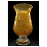 Large Amber Crackle-Textured Glass Vase Clear Foot