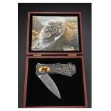 Railroad-Themed Folding Knife with Wooden Case