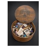 Round Wooden Sewing Box with Sewing Supplies
