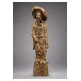 Carved Bearded Figure Statue with Broad Hat