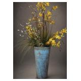 25.5in Tall Heavy Blue Planter with Faux Flowers