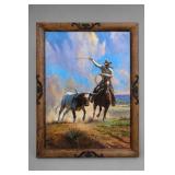 Framed Cowboy Roping Longhorn Artwork