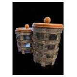 Pair of Lidded Wood-and-Metal Vessels
